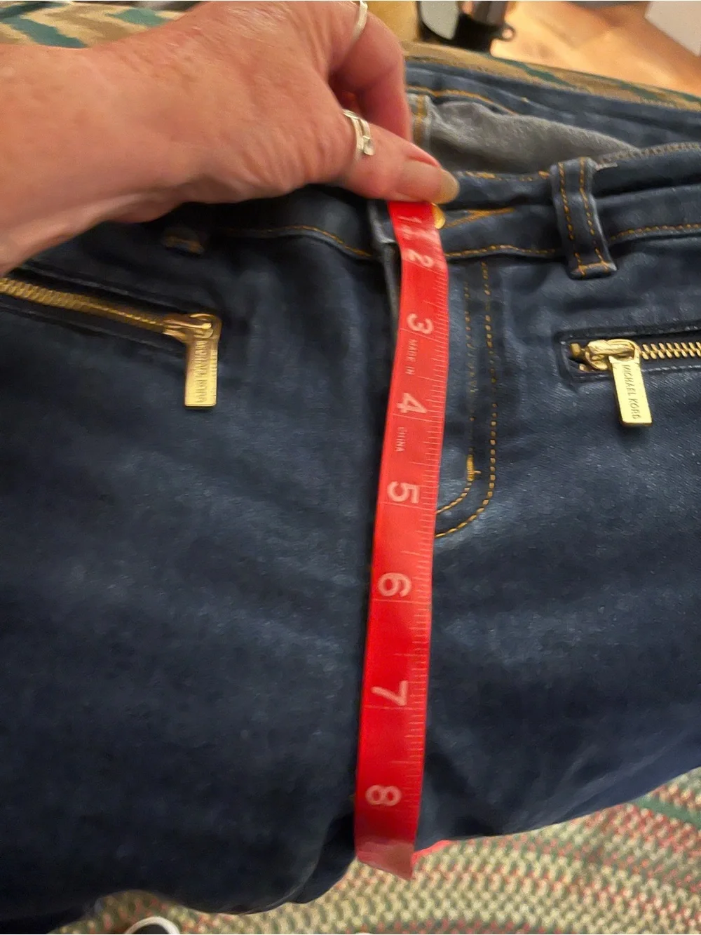 Michael Kors Dark Blue Skinny Jeans with Gold Zip Accents